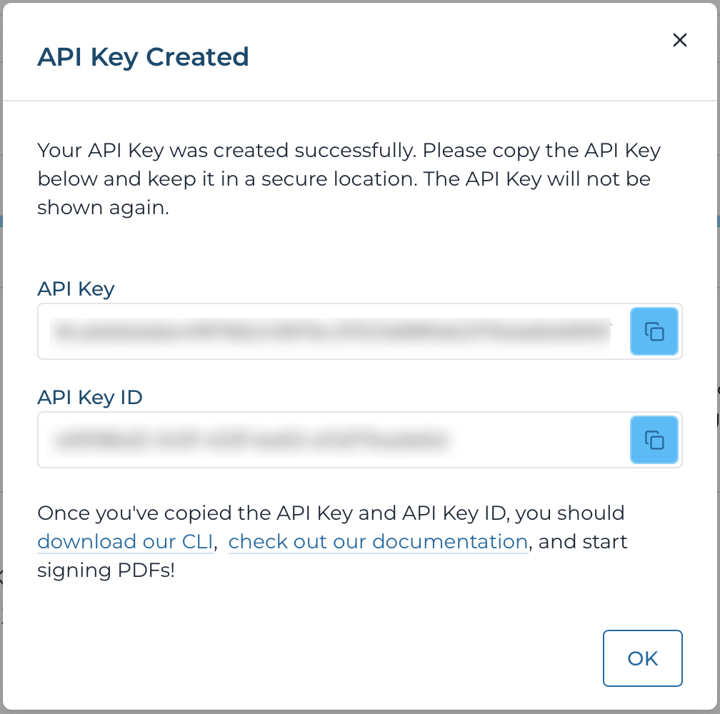 Copy new API key info